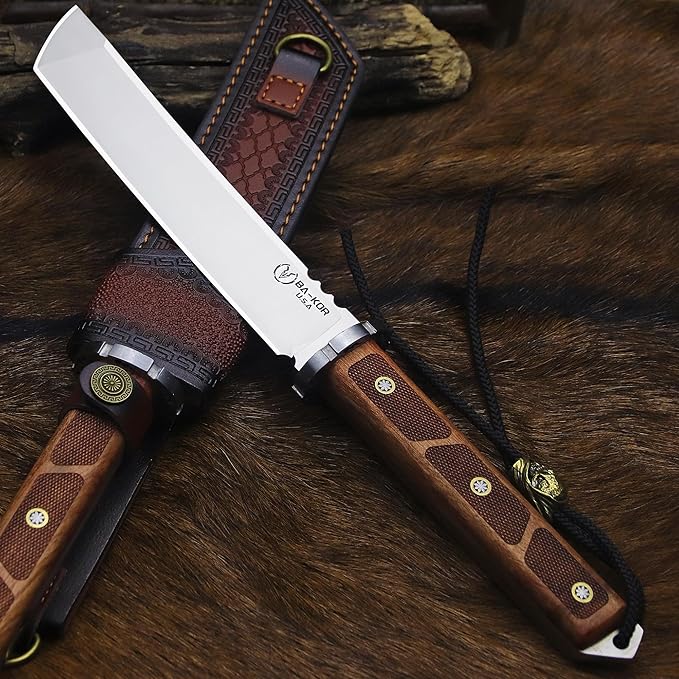BA-KOR 7mm 9CR18MOV steel (15.6IN) sandalwood handle full Tang fixed knife+scabbard+(single shoulder strap)&amp(5.9IN) cerium igniter suitable for outdoor hunting camping survival EDC tool knife