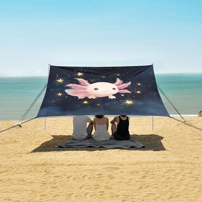 ALAZA Cute Axolotl Star Beach Tent Sun Shelter UPF50+ Protection Beach Shade Canopy w/ 4 Sandbags for Outdoor Camping Fishing Backyard Fun Picnic 10x9 ft
