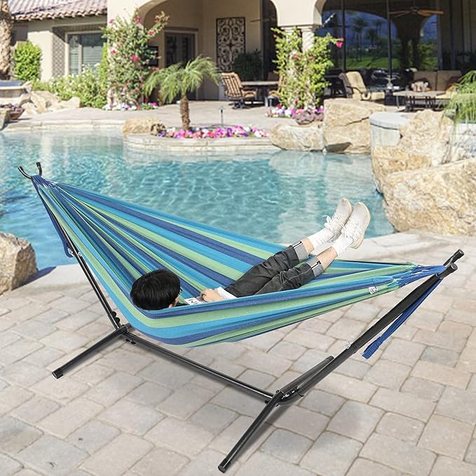 ONCLOUD Extra Long and Wide Double Hammock for Travel Camping Backyard Porch Outdoor or Indoor Use Carrying Pouch Included (Blue/Green Stripes)