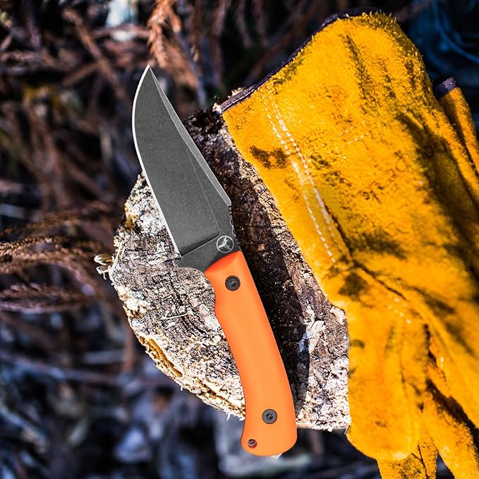 Spark Fixed Blade Knife with Sheath Textured Wood Handle Full Tang Outdoor Hunting Camping Survival Knife (Orange G10 Handle)