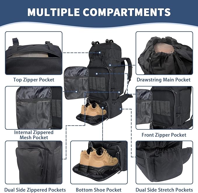 70L Hiking Backpack for Men Women Camping bag with Shoe Compartment Large Military Tactical Backpack MOLLE Rucksack Sport Travel Backpacking Daypack (Black)