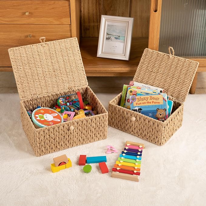 OIAHOMY Wicker Storage Basket with Lid &amp Lock Lidded Storage Bins Decorative Baskets for Organizing Set of 2-Natural