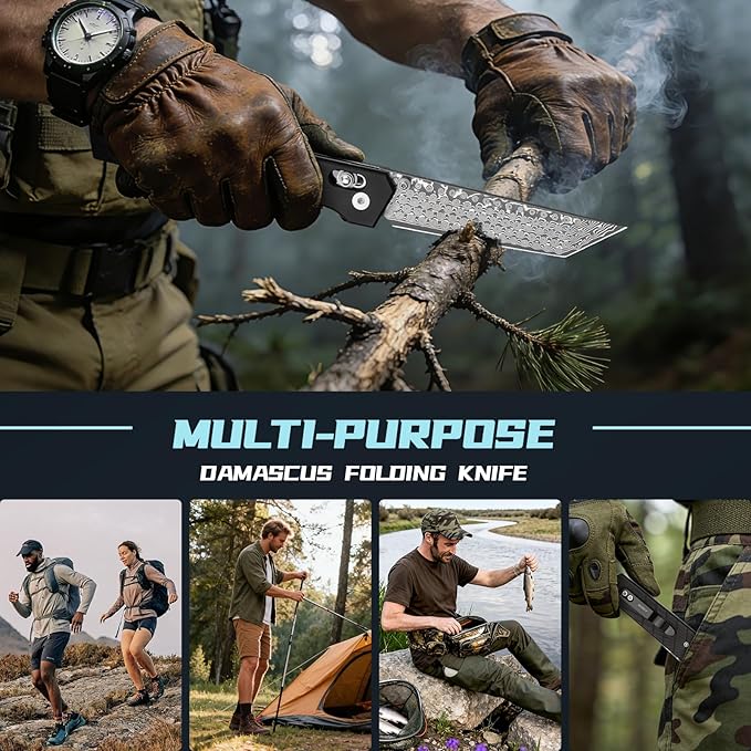 AUBEY Damascus Axis Lock Pocket Knife 3.46 Tanto Blade Crossbar Lock Folding Knives with Clip for Men Women Aluminum Handle with Glass Breaker for EDC Camping Gift