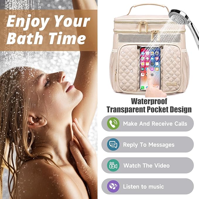Large Leather Toiletry Bag for Women MenBathroom BagWater Resistant Shower BagMakeup BagPortable Shower Caddy for College DormHanging Travel Toiletry Bag with Transparent Waterproof Phone Pocket