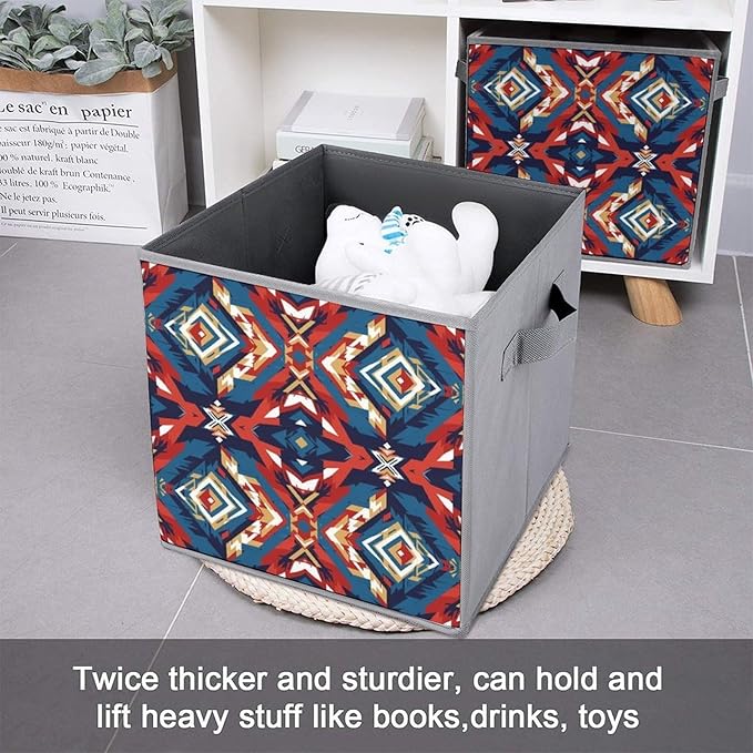 Collapsible Cube Storage Organizer with Handles Aztec Red Blue Foldable Fabric Bin for Shelves Perfect for Closet Bathroom Kids' Room &amp Nursery