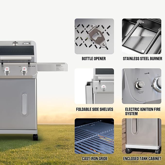 Monument Grills 2-Burner Stainless Steel Liquid Propane Gas Grill Two Foldable Shelves Patio Garden Barbecue Grill with Clearview® Lid Knob Control Mesa200S