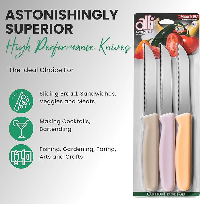 Alfi All-Purpose Knives Aerospace Precision Pointed Tip - Home And Kitchen Supplies - Serrated Steak Knives Set | Made in USA (Bahama Blue)