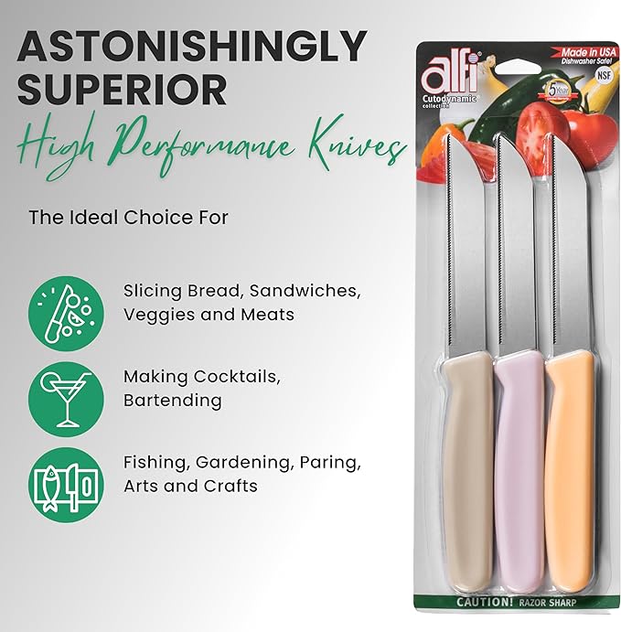 Alfi All-Purpose Knives Aerospace Precision Pointed Tip - Home And Kitchen Supplies - Serrated Steak Knives Set | Made in USA (Pink Pearl)