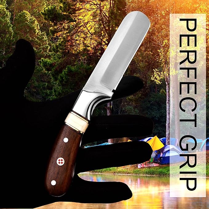 Handmade 1095 High Carbon Steel Bull Cutter Knife with Pancake Leather Sheath Fixed Blade Cowboy Knife with walnut wood/Bone Handle Utility Knife EDC Hunting knife (Walnut Wood)