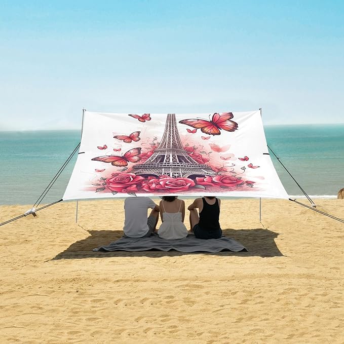 ALAZA Eiffel Tower with Roses Butterfly Beach Tent Sun Shelter Portable Canopy Sunshade for Outdoor Camping Picnics Backyard Fun 10x9 ft