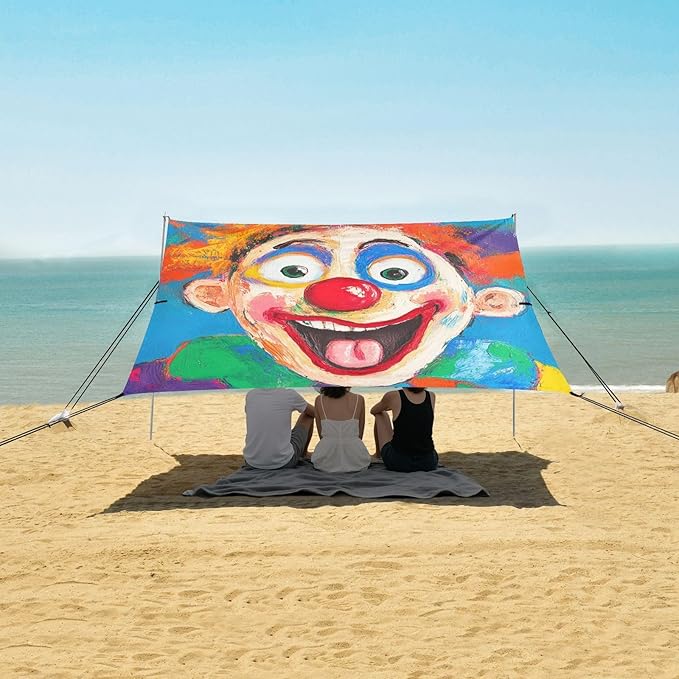 Clown Making Funny Faces at The Circus Foldable Beach Tent UPF50+ Water-Resistant Shade Sun Shelter with Sand Shovel for Backyard and Camping