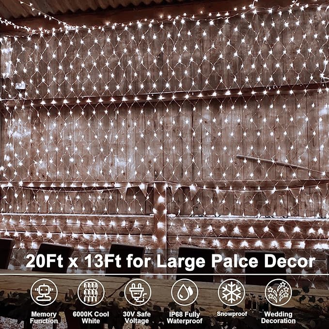 echosari 720 LED Net Lights 20ft x 13ft Large Size Bush Lights Plug in with Remote IP68 Fully Waterproof Outdoor Net Light for Garden Backyard Wall Bush Trees Decor(Cool White)