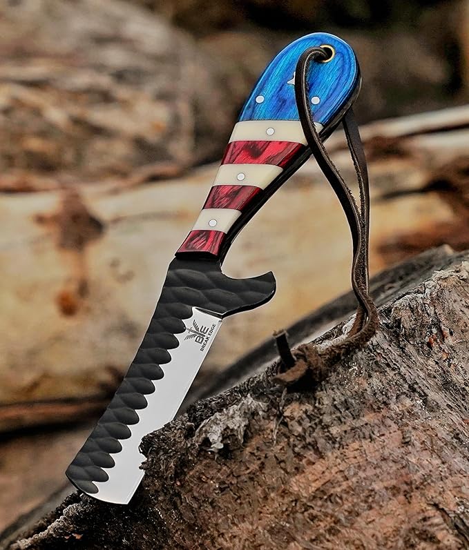 Hand made cowboy Bull Cutter with Leather Sheath Hand forged multi colour Handle Cowboy Knife Best Gift for Boy Friend.