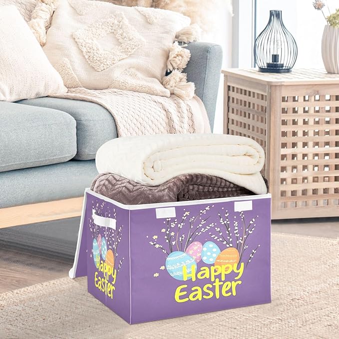 Happy Easter 2 Fabric Storage Bins with Lids and HandleFoldable Storage Bins with LidsCloset Organizers for Clothes Storage Room Organization Office Storage Chest Organizer