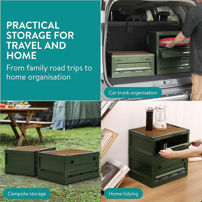 Navaris Camping Storage Box Green - 35L Foldable Bin with Pine Wood Lid - Collapsible Folding Crate - Easy to Disassemble Plastic Storage Crates - Stackable Design with Wheels