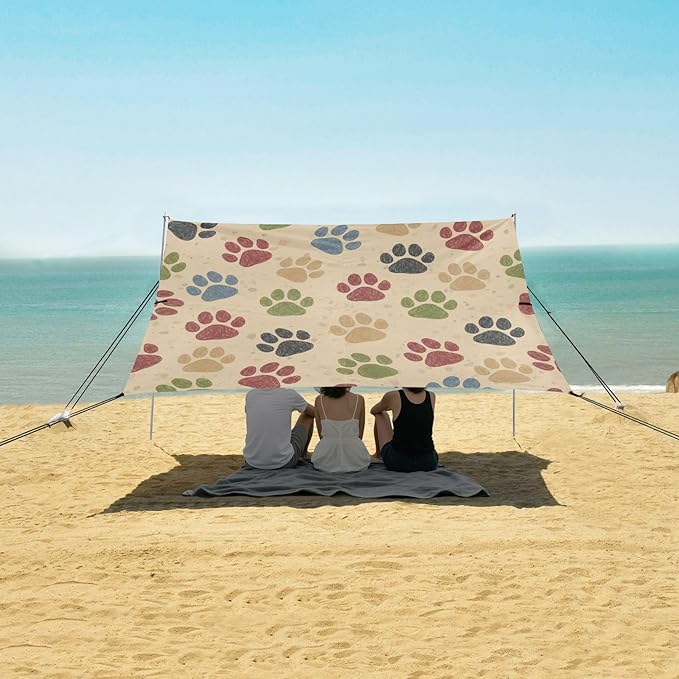 xigua Paw Print Beach Tent Sun Shelter with Carrying Bag - Silver Coated Oxford Fabric Beach Canopy for Beach Camping Fishing - Includes Windproof Ropes Sandbags &amp Stakes