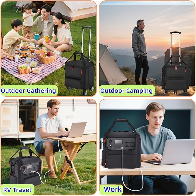 Compatible with BLUETTI AC180 Wheeled Carrying Case - Soft Fabric Power Station Travel Bag with Retractable Handle Multi-Pockets &amp Side Zipper (Black Rolling Case)