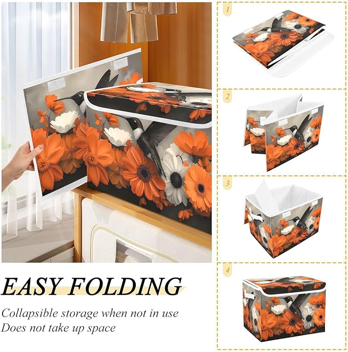 AIXIWAWA Lidded Storage Cube (Hummingbird Floral) Fabric Foldable Closet Bins with Flip Lid and Handles Organizer Basket Container 16.5 x 12.6 x 11.8 IN