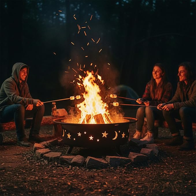 Sunnydaze Cosmic 42-Inch Large Outdoor Fire Pit - Wood-Burning Fire Pit with Round Spark Screen Poker and Built-in Grate
