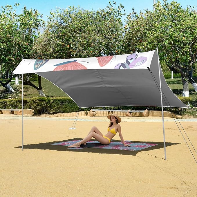 xigua Butterflies Beach Tent Sun Shelter with Carrying Bag - Silver Coated Oxford Fabric Beach Canopy for Beach Camping Fishing - Includes Windproof Ropes Sandbags &amp Stakes