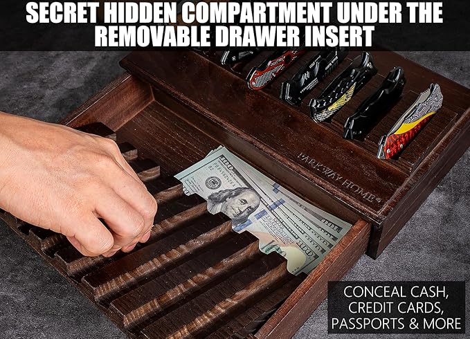 Pocket Knife Display Case for 16 Knives - Wooden Knife Collection Case Clear Cover - Two-Tier Knife Cases for Collections with a Removable Drawer Insert for Other EDC Items EDC Case - Brown