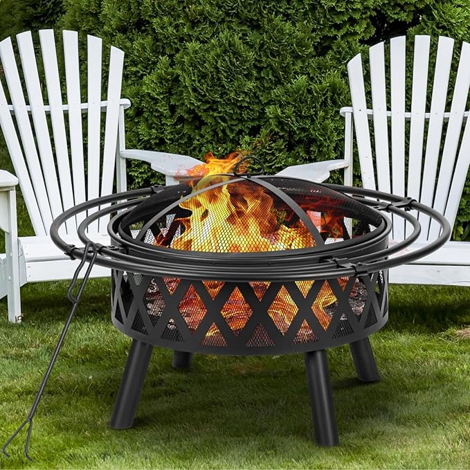 EcoNook 36 Inch Wood Burning Fire Pit with 2 Loops Outdoor Fire Pit with Spark Screen &amp Fire Poker Cross Weave Firepit for Outside Fireplace Bonfire for YardPatio Garden
