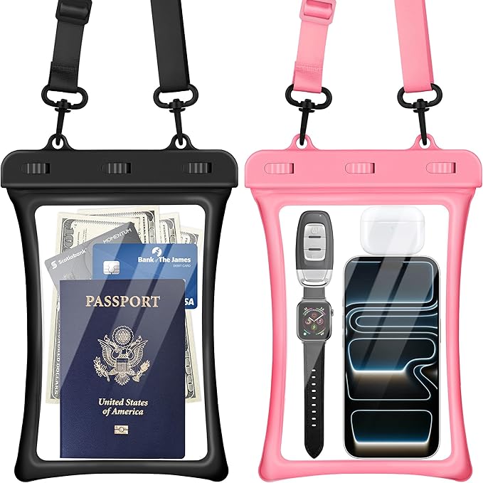 CACOE [Floatable Floating Universal IPX8 Waterproof Phone case 2 Pack-Up to 10.0Adjustable Lanyard Phone PouchCellphone Dry Bags for Vacation Beach Pool Kayak Cruise Travel Essentials（Black+Pink）