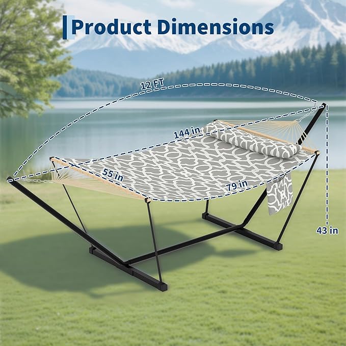 Double Hammock with Stand - Heavy Duty Portable 2 Person Design with Adjustable Steel Stand Max 450LBS Ideal for Outdoor Patio Garden Beach &amp Backyard