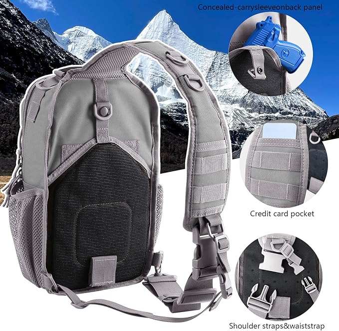 Rover Sling Pack Tactical Shoulder Sling Bag Backpack with Bottle Holder Crossbody Chest Bag Grey