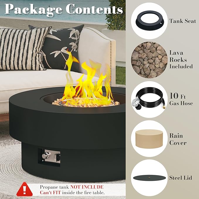 32.5 Inch Propane Fire Pit Table 50000 BTU Round Patio Fire Pit Table Outdoor CSA Certified Stainless Burner with Steel Lid Waterproof Cover &amp Lava Rocks for Backyard Garden Black