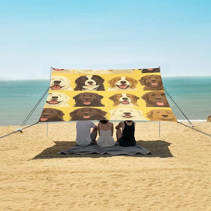 Unique Dogs Face Yellow Beach Cabana Tent UPF50+ Water-Resistant Portable Sun Shelter with Sand Shovel for Backyard and Camping