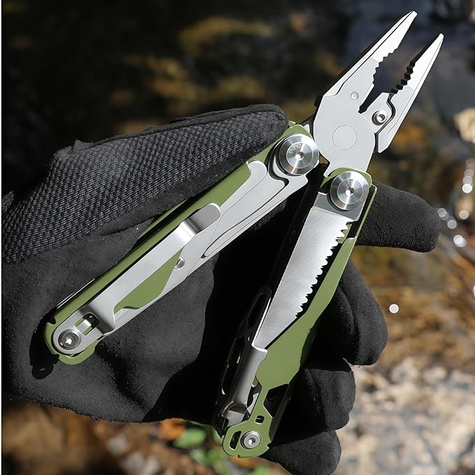 Multitools 19-in-1 Full-Size Lightweight EDC Multi-Purpose Pliers Nylon Bag Folding Knife Tactical Gear Tools Men Gift Ideas Equipment for Emergencies Hiking and Outdoor Camping (Green)