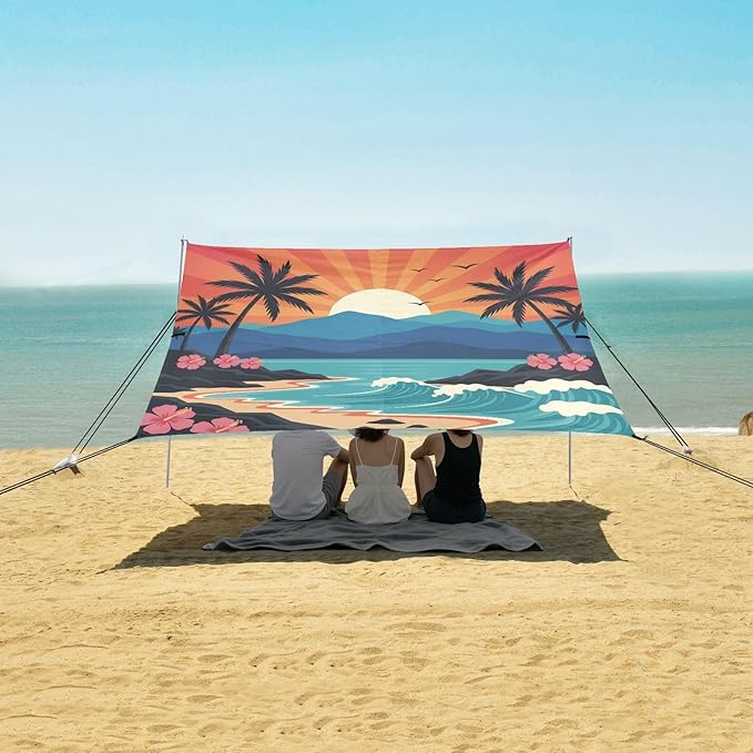 xigua Sunset Beach Tent Sun Shelter with Carrying Bag - Silver Coated Oxford Fabric Beach Canopy for Beach Camping Fishing - Includes Windproof Ropes Sandbags &amp Stakes