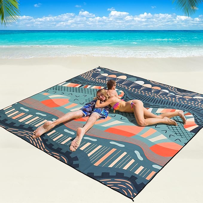 Beach Blanket Waterproof Sandproof Beach Mat 79 X 83/10'x9'for 2-8 Adults Quick Drying Outdoor Picnic Mat Beach Accessories for Travel Camping Hiking