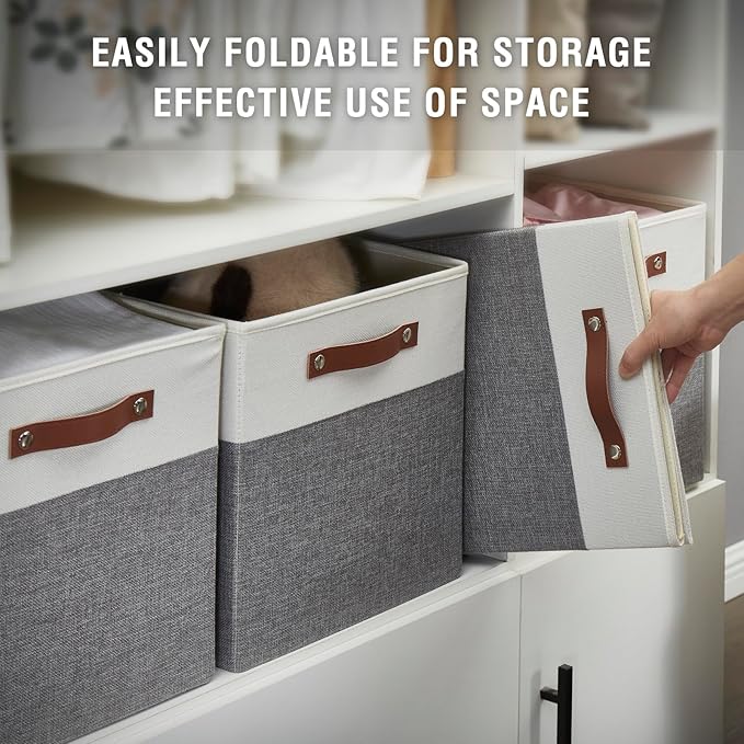Collapsible Fabric Storage Cube Bins with 2 Reinforced PU Handles Foldable Storage Organizer Baskets for Closet Shelves Living Room | 13x13x13 4 Pack Gray &amp White