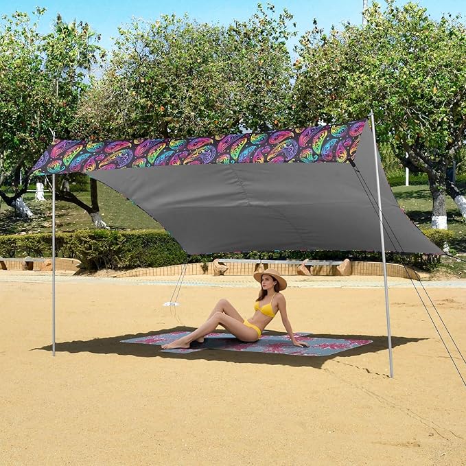 ALAZA Paisley Rainbow Color Beach Tent Sun Shelter UPF50+ Protection Beach Shade Canopy w/ 4 Sandbags for Outdoor Camping Fishing Backyard Fun Picnic 10x9 ft