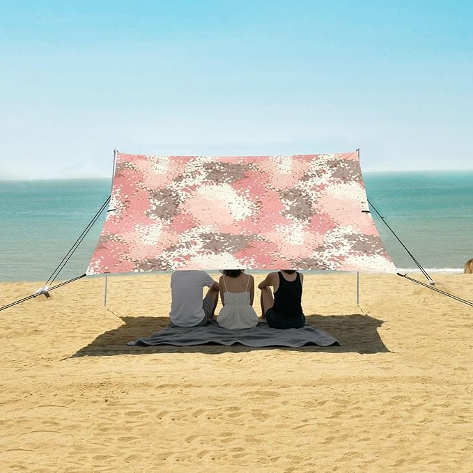 xigua Textured Pattern Beach Tent Sun Shelter with Carrying Bag - Silver Coated Oxford Fabric Beach Canopy for Beach Camping Fishing - Includes Windproof Ropes Sandbags &amp Stakes