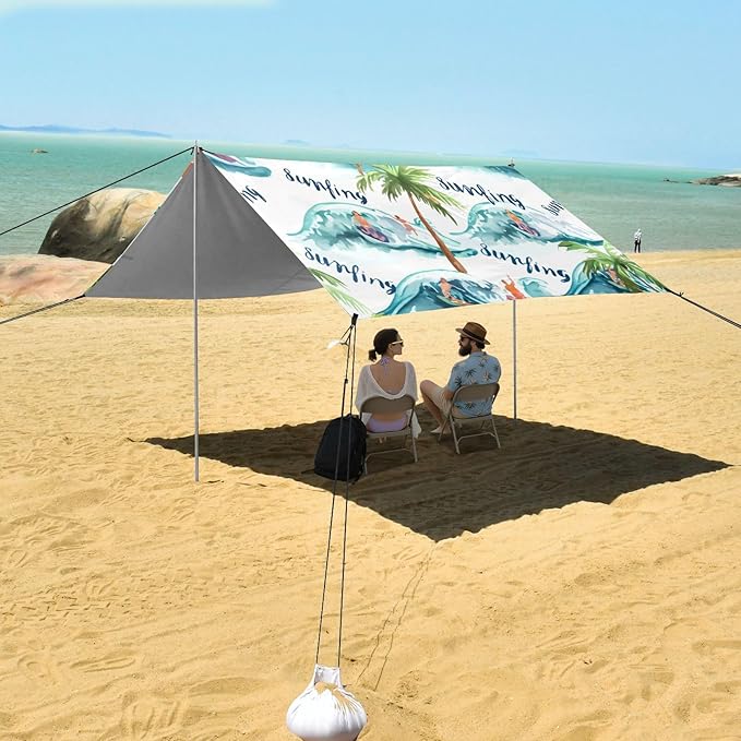 xigua Landscape Beach Tent Sun Shelter with Carrying Bag - Silver Coated Oxford Fabric Beach Canopy for Beach Camping Fishing - Includes Windproof Ropes Sandbags &amp Stakes