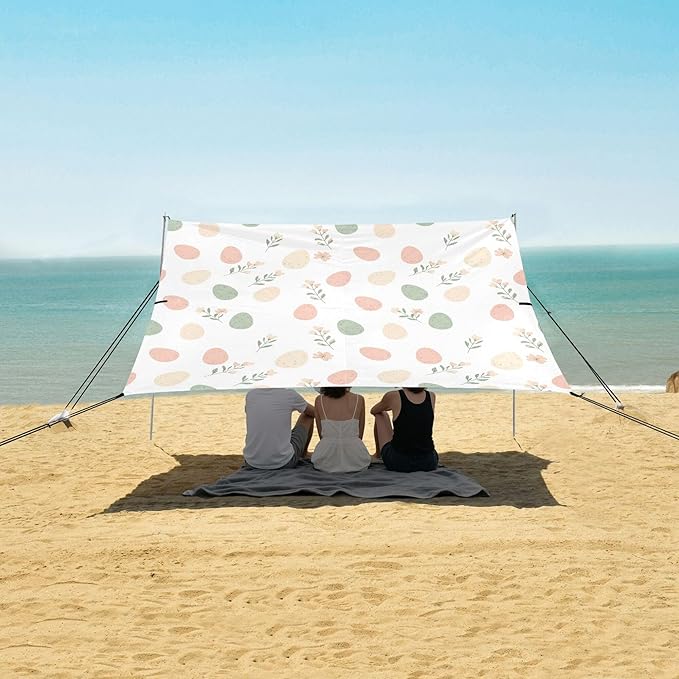 Easter Egg Beach Canopy Sun Shelter with Sandbags &amp Sand Shovel &amp Windproof Ropes - Portable 110x126 Beach Shade Beach Tent for Camping Picnics
