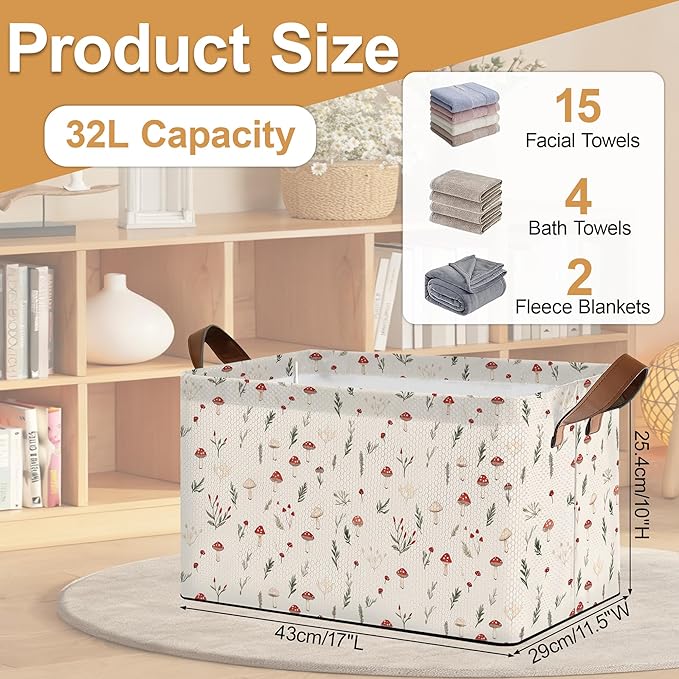 Storage Bin with Handles Little Mushroom Flower Collapsible Laundry Baskets for Books Laundry - Use in Nursery Closet Organizers and Storage Blanket Basket