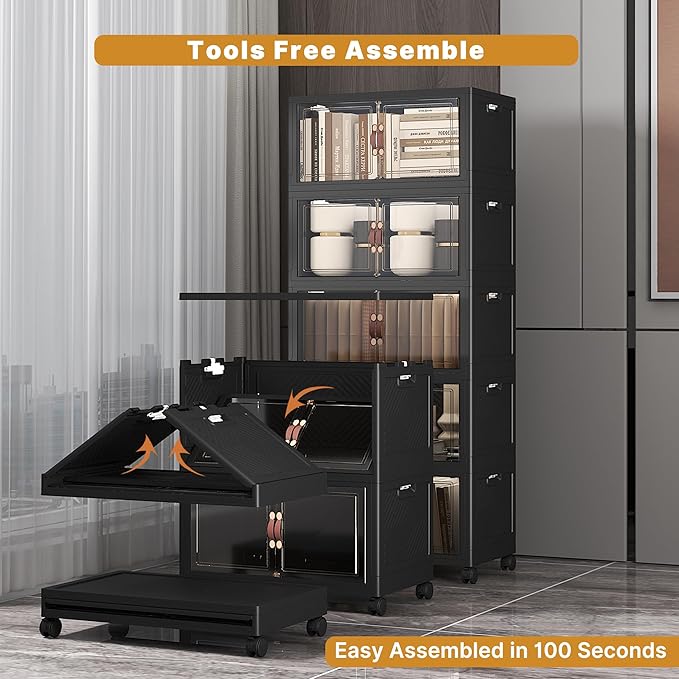 UAMFURI Extra Large Stackable Storage Bins with Lids &amp Wheels Foldable Collapsible Closet Organizers Dark Storage Cabinet with Doors for Bedroom Dorm