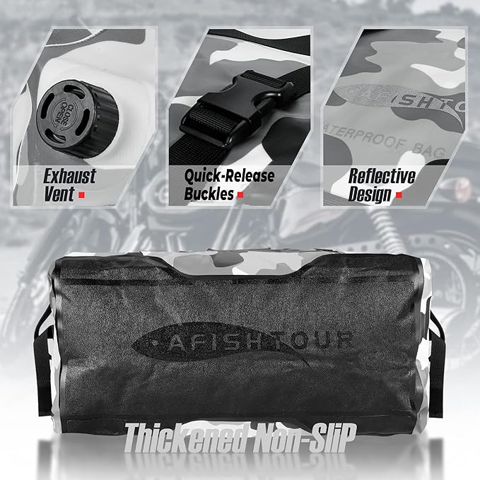 65L Waterproof Duffel Bag for Men and Women - Large Motorcycle Duffle Bag with Straps for Back Seat - Roll Top Dry Bag for Kayaking Rafting Boating Swimming Beach
