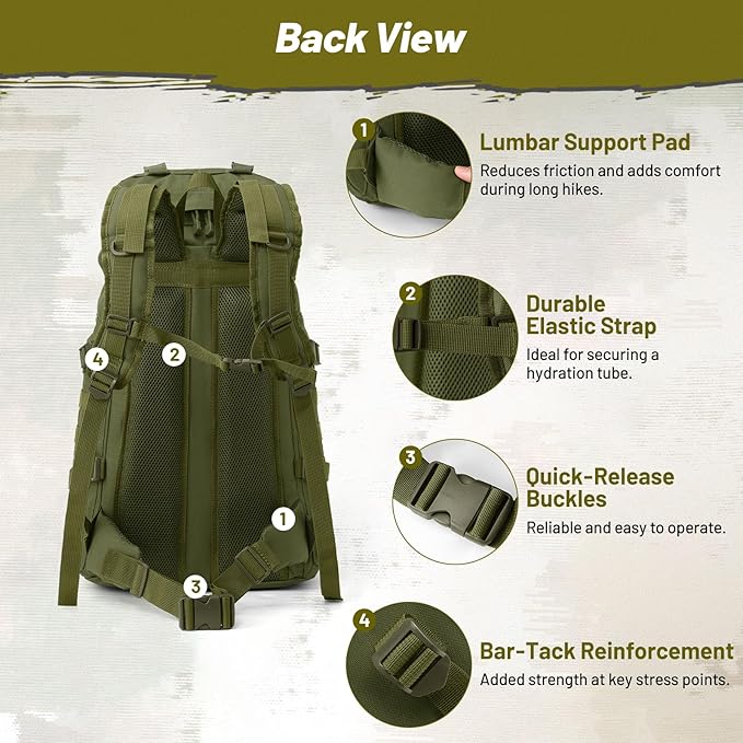 50L Tactical Backpack for Men and Women Water-Resistant Molle Rucksack Large Military Assault Pack for Hiking Hunting Camping Gym &amp Outdoor Survival Green
