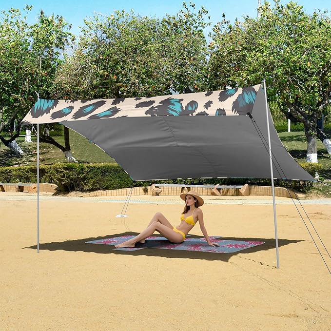 Leopard Print Style Paleturquoise Beach Tent UPF50+ Water-Resistant Large Portable Sun Shelter with Carrying Bag for Family Trips Picnics &amp Camping