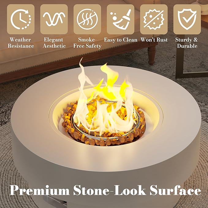 32.5 Inch Propane Fire Pit Table 50000 BTU Round Patio Fire Pit Table Outdoor CSA Certified Stainless Burner with Steel Lid Waterproof Cover &amp Lava Rocks for Backyard Garden White