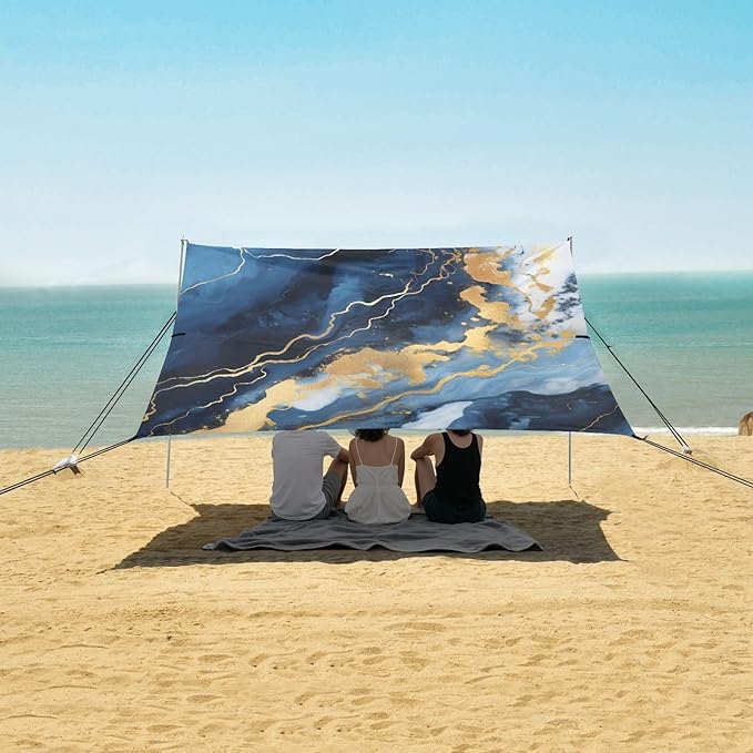 ALAZA Blue &amp White Marble Gold Texture Beach Tent Sun Shelter UPF50+ Protection Beach Shade Canopy w/ 4 Sandbags for Outdoor Camping Fishing Backyard Fun Picnic 10x9 ft