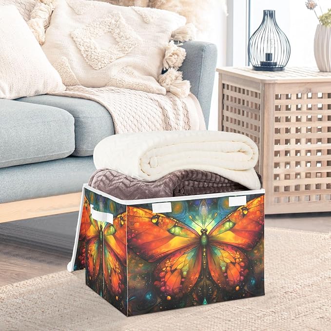 AIXIWAWA Lidded Storage Cube (Aesthetic Butterfly) Fabric Foldable Closet Bins with Flip Lid and Handles Organizer Basket Container 16.5 x 12.6 x 11.8 IN