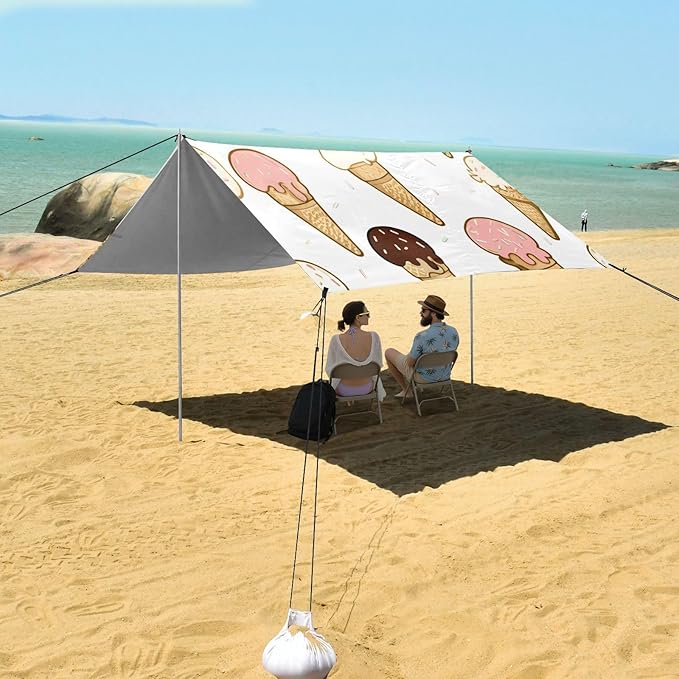 xigua Ice Cream Beach Tent Sun Shelter with Carrying Bag - Silver Coated Oxford Fabric Beach Canopy for Beach Camping Fishing - Includes Windproof Ropes Sandbags &amp Stakes