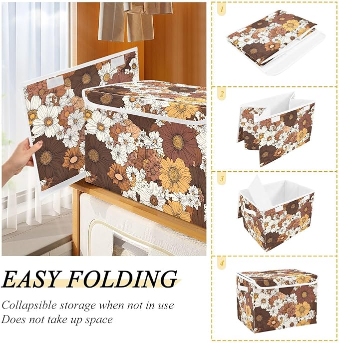 Boho Florals Storage Cube Bins Basket with Lid Collapsible Flip-top Fabric with Handle for Home Bedroom Closet Office 16.5×12.6×11.8 in