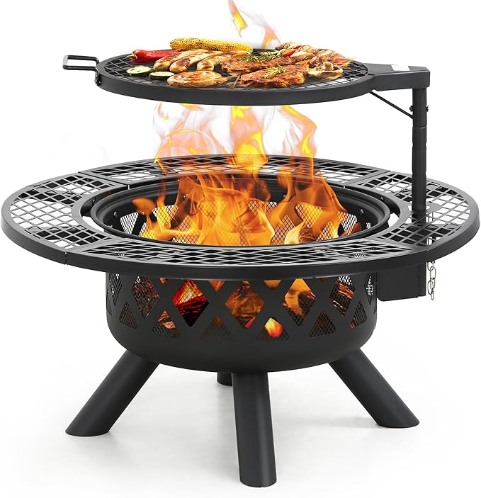 BALI OUTDOORS Fire Pit with Poker 32 inch Outdoor Fire Pit Patio Wood Burning Firepits for Outside with Grill